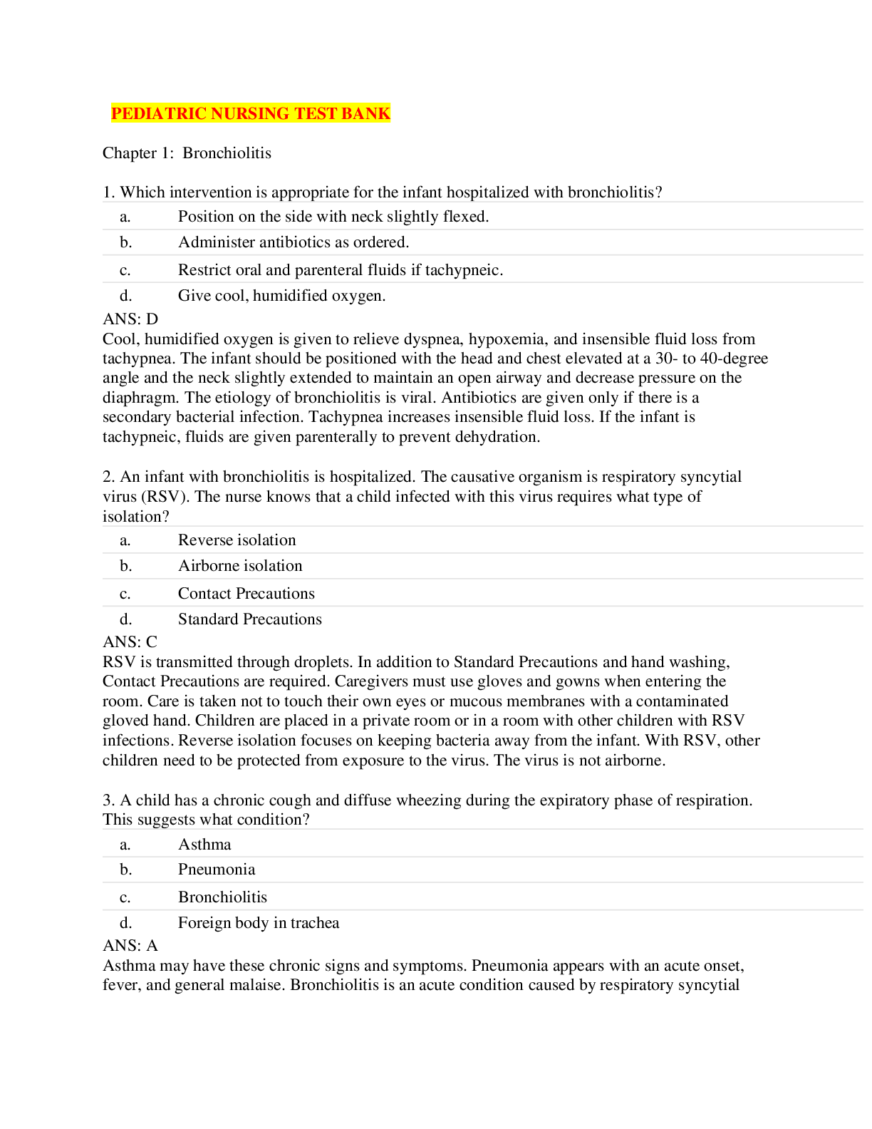 Preview image of PEDIATRIC NURSING TEST BANK document